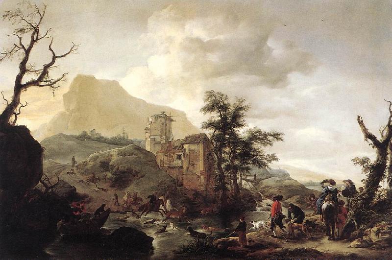 WOUWERMAN, Philips Stag Hunt in a River iut7 Germany oil painting art